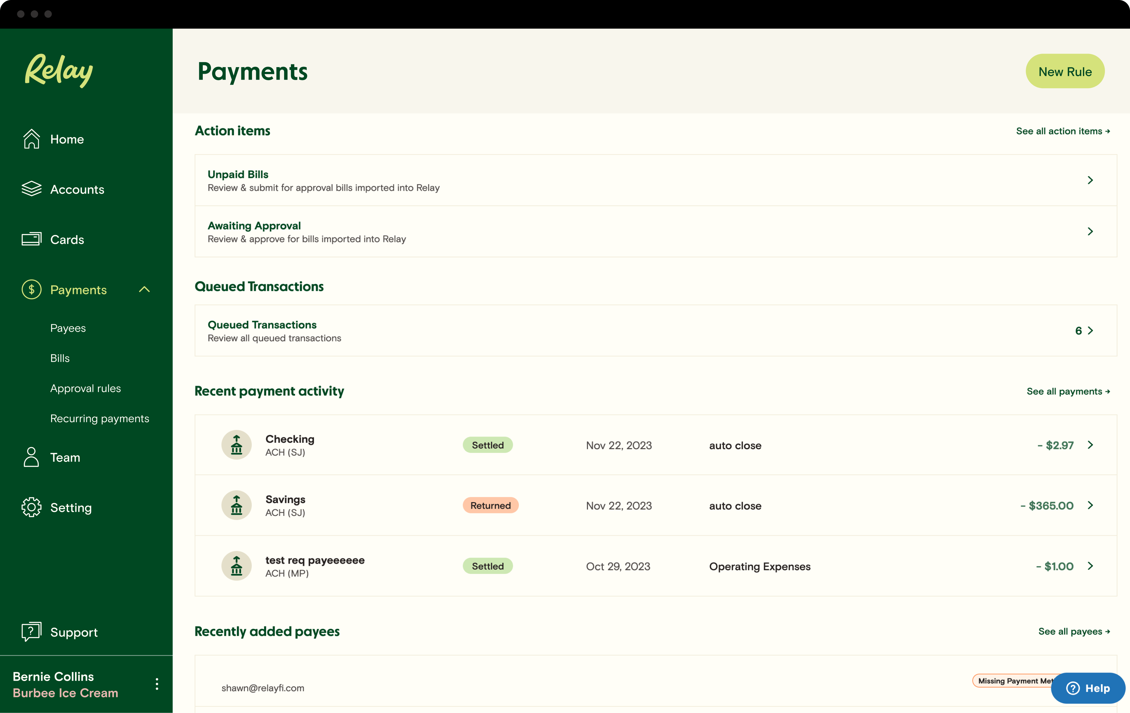 Payments section in Relay with list of recent payment activity