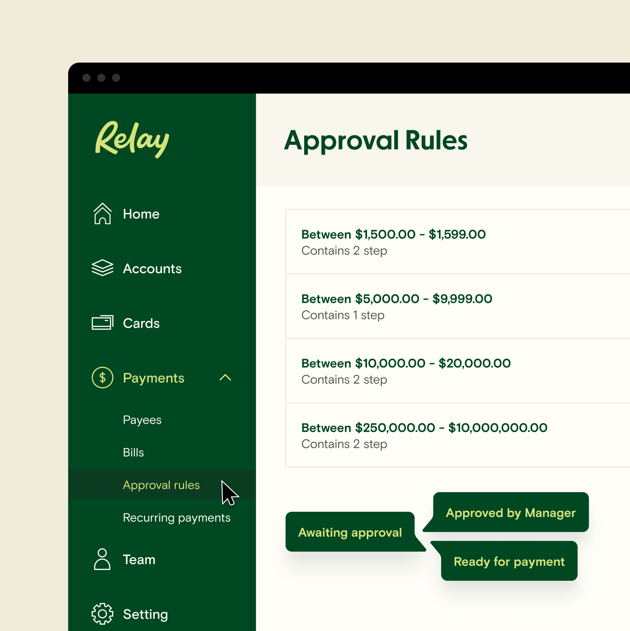 List of approval rules requiring 1 or 2 approvals based on dollar amounts.