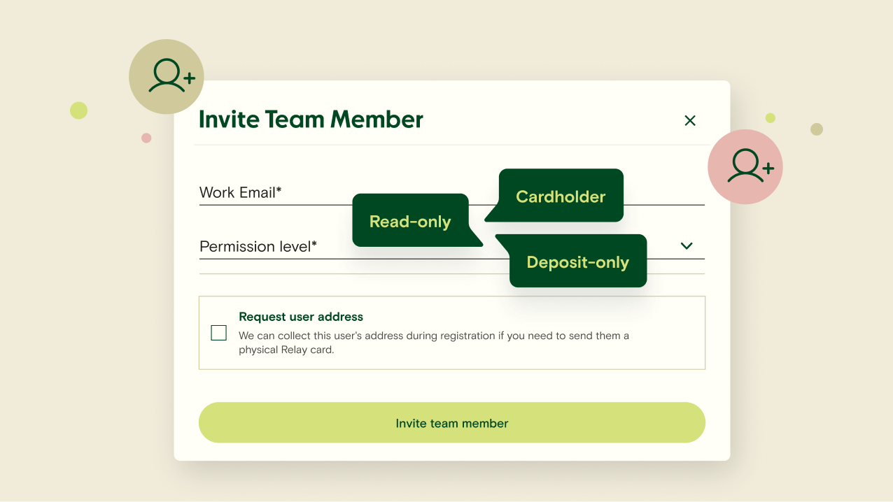 Input to invite team members with differet permission levels like read-only, cardholder, and deposit-only