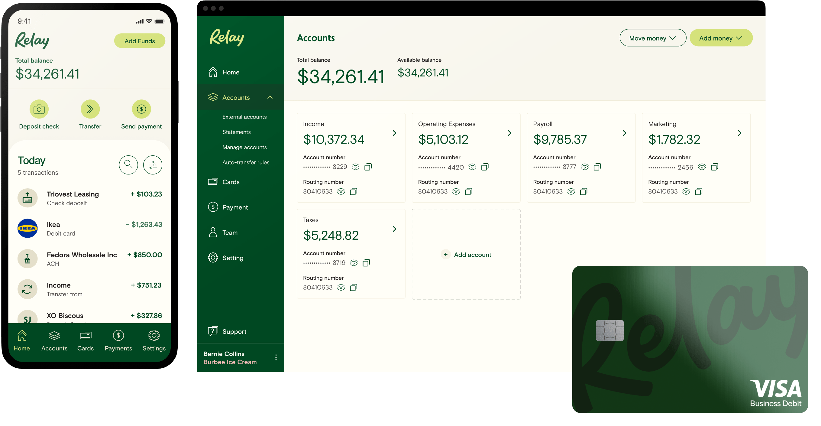 The Relay app on mobile and desktop beside a green Relay debit card.