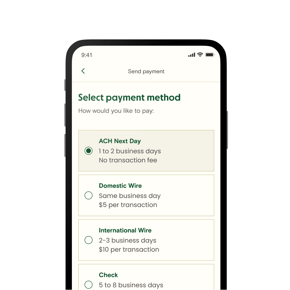 List of payment methods in Relay including ACH Same Day, Domestic Wire, International Wire, and Check.