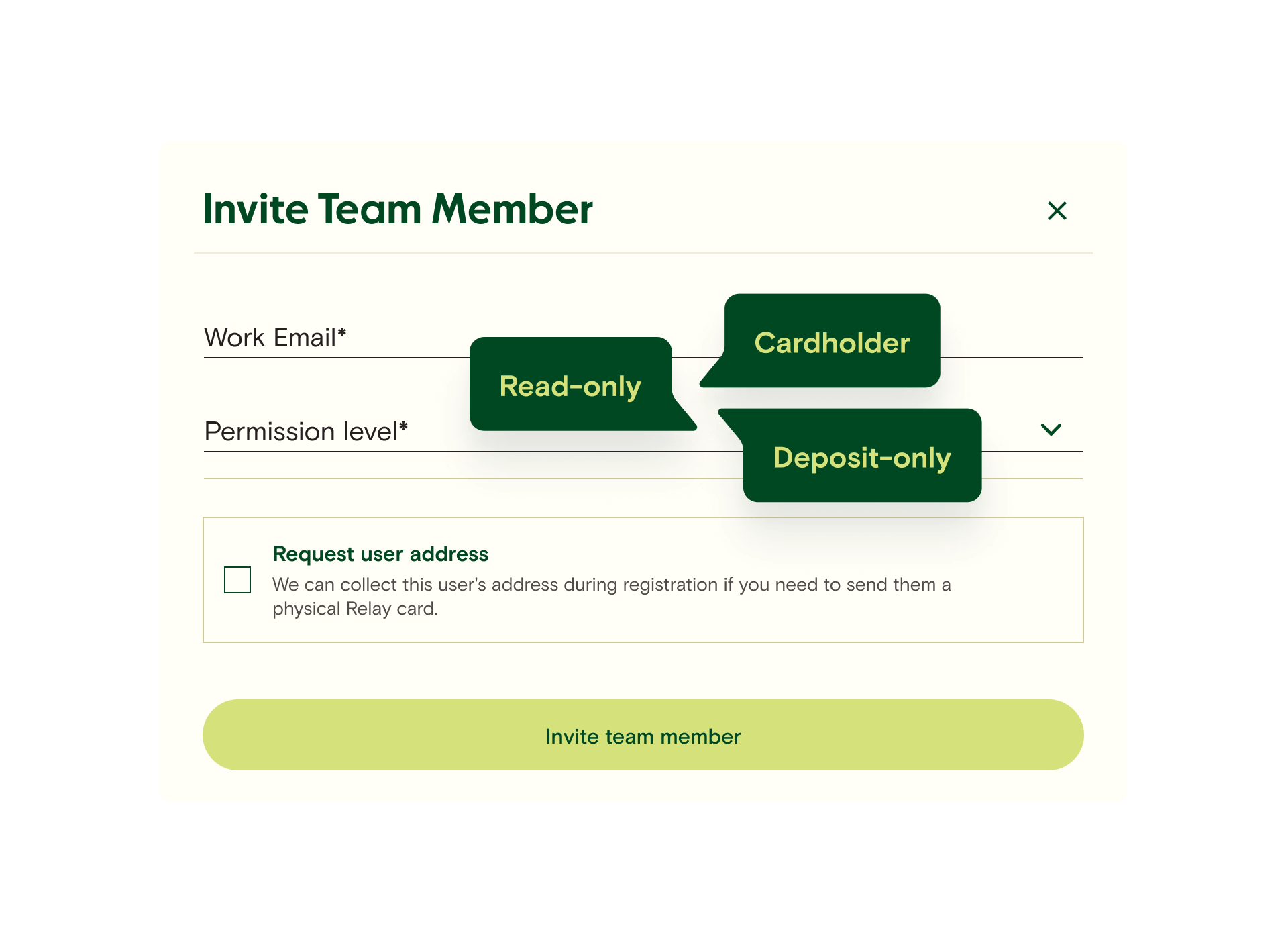 List of permission levels for inviting new team members to a Relay account. Options include Cardholder, Read-only, and Deposit-only.