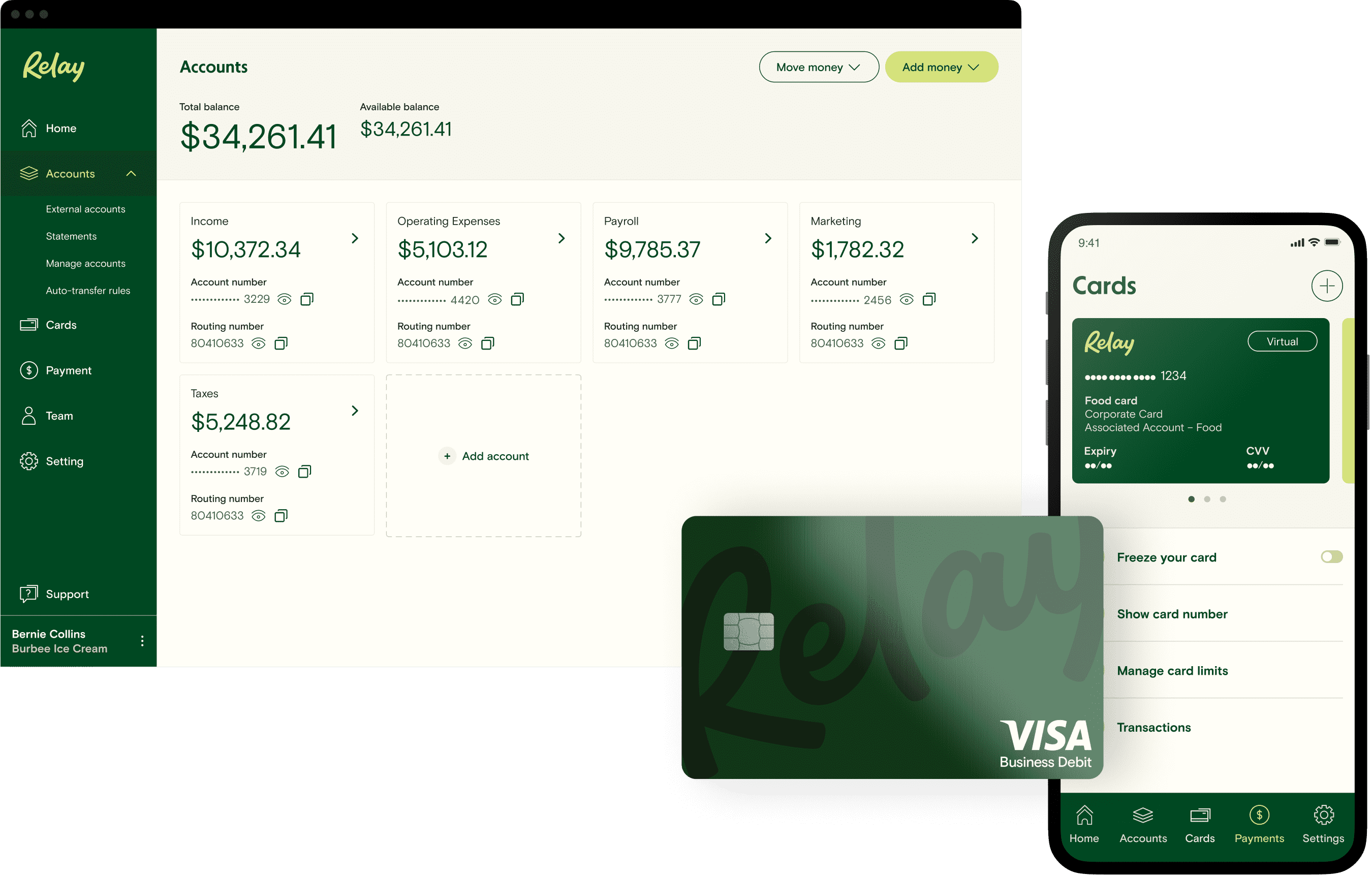 Collage of Relay on browser, phone, and a Relay Visa debit card
