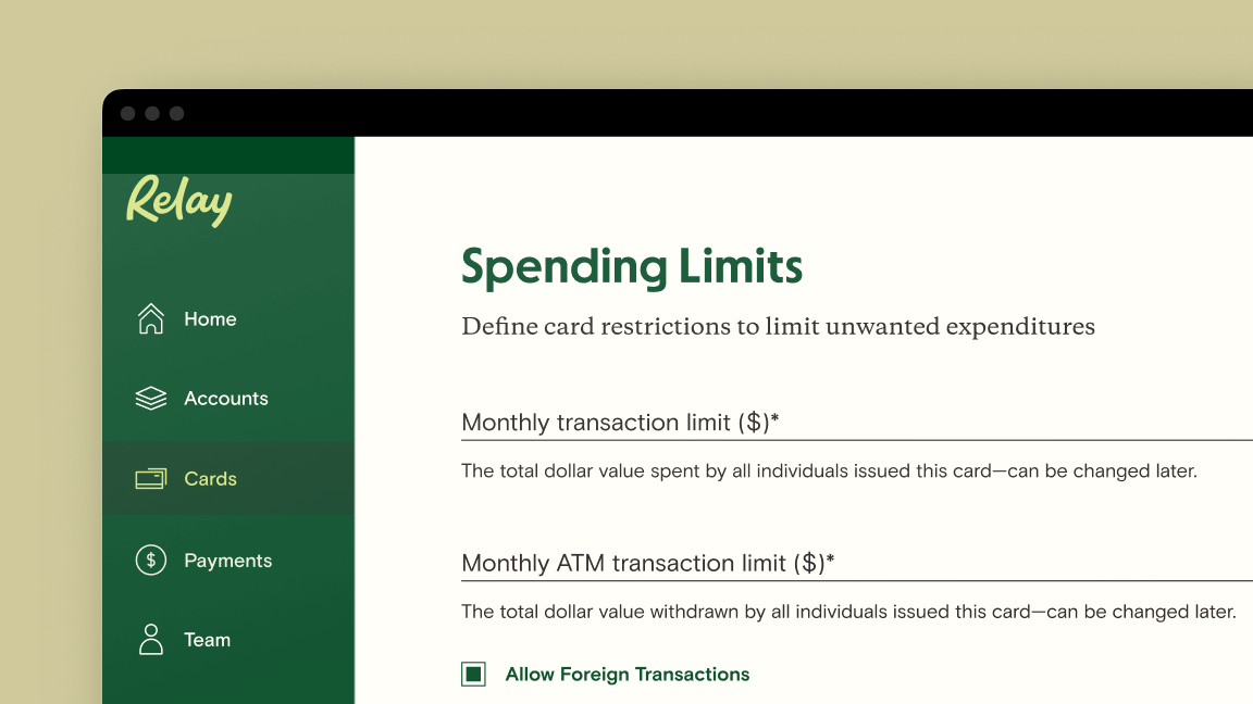 Relay Cards tab with options for setting Spending Limits