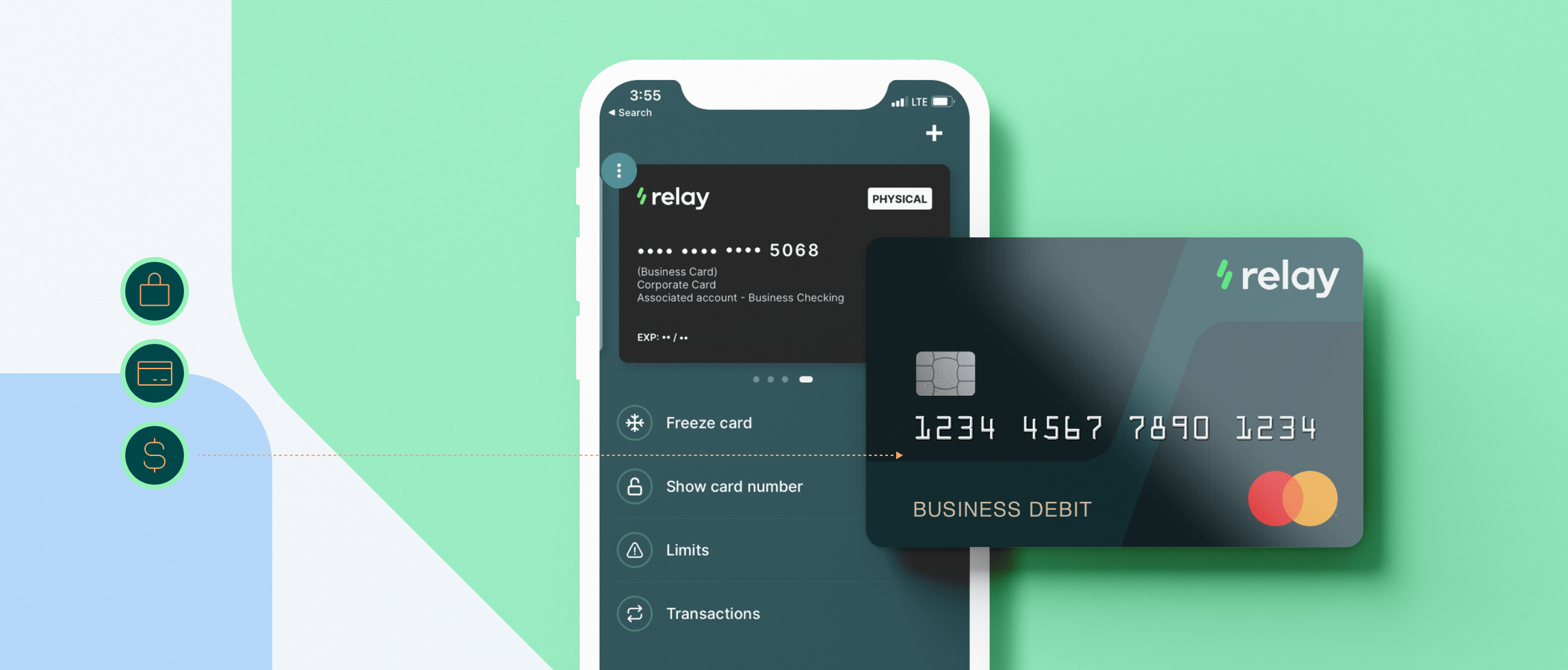 Mobile phone with credit card information on screen.